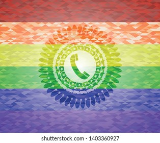 old phone icon inside emblem on mosaic background with the colors of the LGBT flag