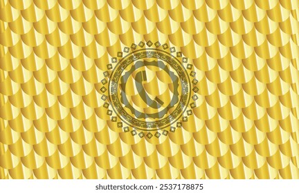 old phone icon inside golden badge or emblem. Scales pattern. Vector Illustration. Detailed. 
