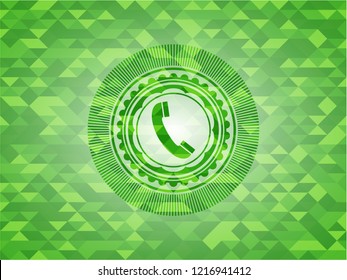 old phone icon inside green emblem. Mosaic background