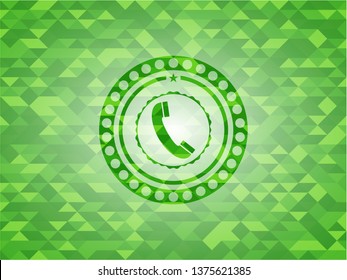 old phone icon inside green emblem. Mosaic background
