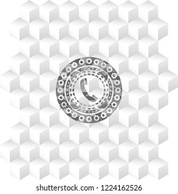 old phone icon inside grey badge with geometric cube white background