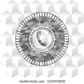 old phone icon inside grey badge with geometric cube white background
