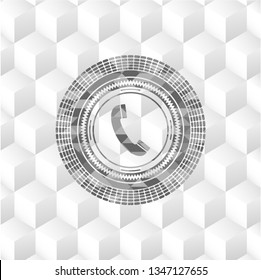 old phone icon inside grey emblem with cube white background