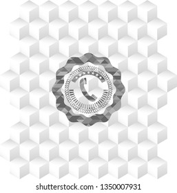 old phone icon inside grey badge with geometric cube white background