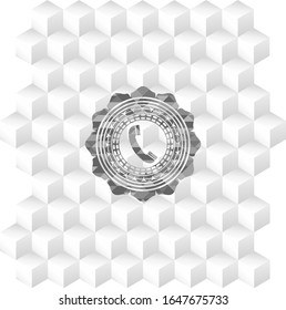 old phone icon inside grey emblem with cube white background