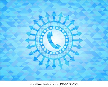 old phone icon inside light blue emblem with mosaic ecological style background