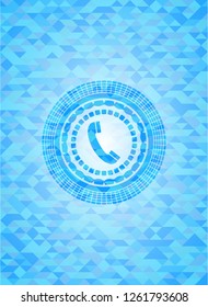 old phone icon inside light blue emblem with triangle mosaic background