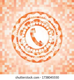 old phone icon inside orange tile background illustration. Square geometric mosaic seamless pattern with emblem inside. 