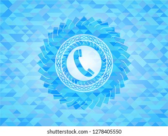 old phone icon inside realistic light blue mosaic emblem