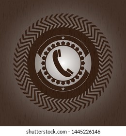 old phone icon inside realistic wood emblem