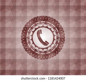old phone icon inside red seamless emblem or badge with abstract geometric polygonal pattern background.
