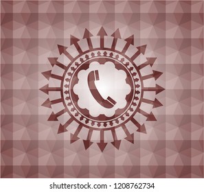 old phone icon inside red emblem or badge with abstract geometric pattern background. Seamless.