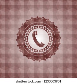 old phone icon inside red emblem with geometric background. Seamless.