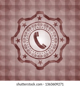 old phone icon inside red emblem with geometric background. Seamless.