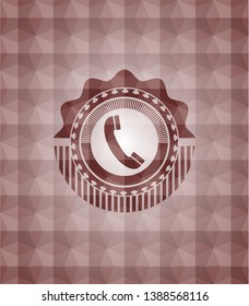 old phone icon inside red seamless emblem or badge with abstract geometric pattern background.