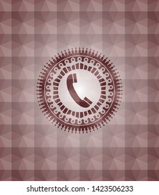 old phone icon inside red emblem with geometric background. Seamless.