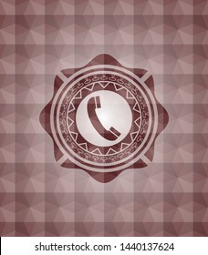 old phone icon inside red emblem or badge with abstract geometric pattern background. Seamless.