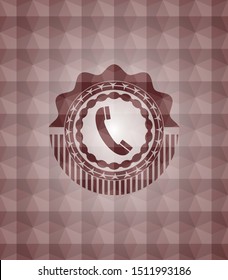 old phone icon inside red emblem with geometric pattern background. Seamless.