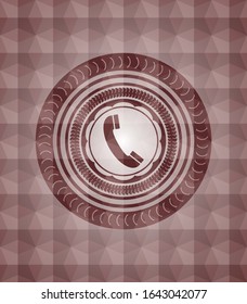 old phone icon inside red emblem or badge with abstract geometric polygonal pattern background. Seamless.
