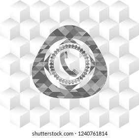 old phone icon inside retro style grey emblem with geometric cube white background