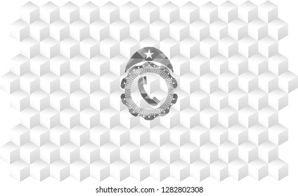 old phone icon inside retro style grey emblem with geometric cube white background