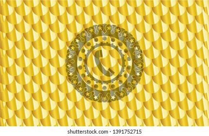 old phone icon inside shiny golden badge. Scales pattern. Vector Illustration. Detailed.