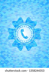 old phone icon inside sky blue emblem with mosaic ecological style background