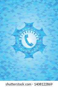 old phone icon inside sky blue emblem with triangle mosaic background
