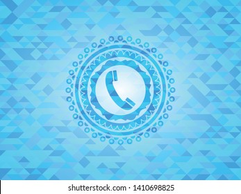 old phone icon inside sky blue emblem with mosaic background
