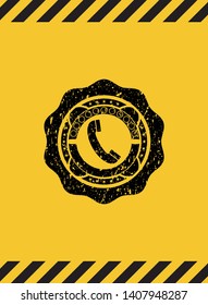 old phone icon inside warning sign, black grunge emblem. Vector Illustration. Detailed.