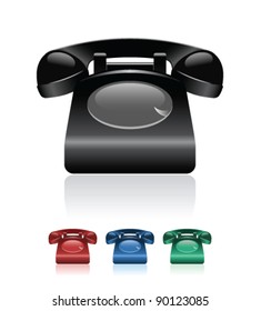 Old phone icon vector illustration with reflections on white background. The file contains black, red, blue, and green versions.