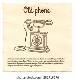 Old phone on a paper background. Retro phone in vector. Vintage phone isolated.