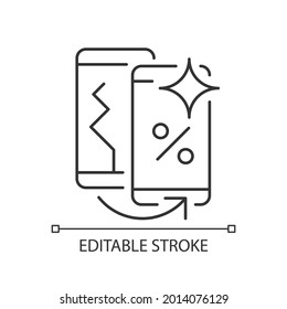 Old phone replacement linear icon. Old malfunction device exchange. Damaged phone trade-in offer. Thin line customizable illustration. Contour symbol. Vector isolated outline drawing. Editable stroke