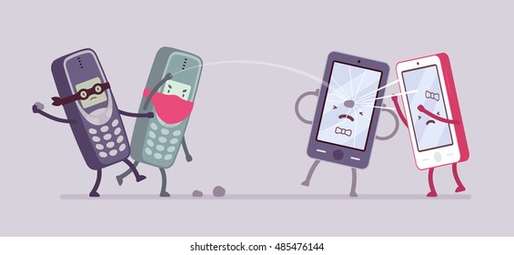 Old phones luddites are attacking new smartphones. Cartoon vector flat-style concept illustration