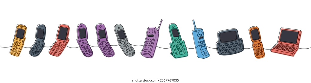 Old phones one line colored continuous drawing. Flip mobile phones, retro phone, smart phone with keypad. Vector linear illustration.