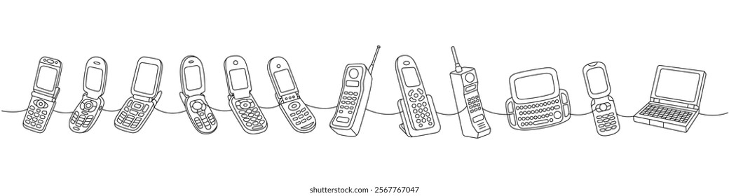 Old phones one line continuous drawing. Flip mobile phones, retro phone, smart phone with keypad. Vector linear illustration.