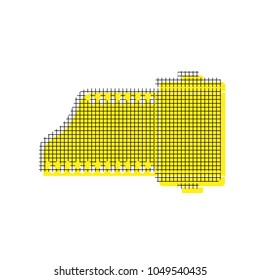 Old photo camera casset sign. Vector. Yellow icon with square pattern duplicate at white background. Isolated.