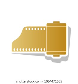 Old photo camera casset sign. Vector. Golden gradient icon with white contour and rotated gray shadow at white background.