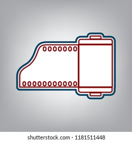 Old photo camera casset sign. Vector. Dark red, transparent and midnight green stroke of white icon at grayish background.