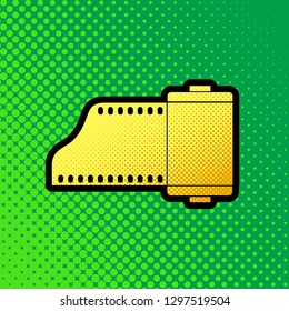 Old photo camera casset sign. Vector. Pop art orange to yellow dots-gradient icon with black contour at greenish background.