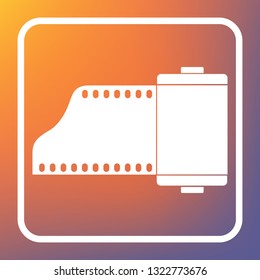 Old photo camera casset sign. Vector. White icon on transparent button at orange-violet gradient background.