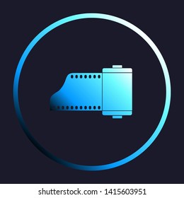 Old photo camera casset sign. White, cyan and blue gradient icon as round button in white shell at dark blue background. Illustration.