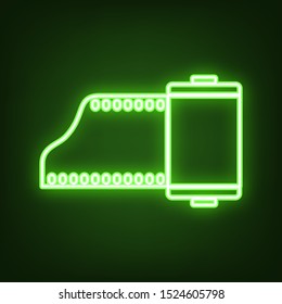 Old photo camera casset sign. Green neon icon in the dark. Blurred lightening. Illustration.