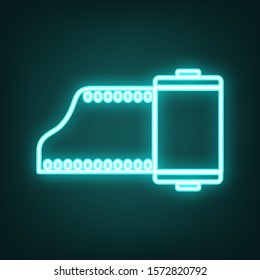 Old photo camera casset sign. Cyan neon icon in the dark. Bluring. Luminescence. Illustration.