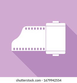 Old photo camera casset sign. White Icon with long shadow at purple background. Illustration.