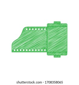 Old photo camera casset sign. Green scribble Icon with solid contour on white background. Illustration.