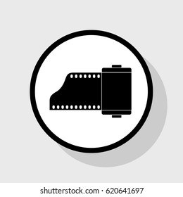 Old photo camera casset sign. Vector. Flat black icon in white circle with shadow at gray background.