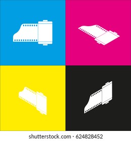 Old photo camera casset sign. Vector. White icon with isometric projections on cyan, magenta, yellow and black backgrounds.
