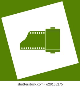 Old photo camera casset sign. Vector. White icon obtained as a result of subtraction rotated square and path. Avocado background.