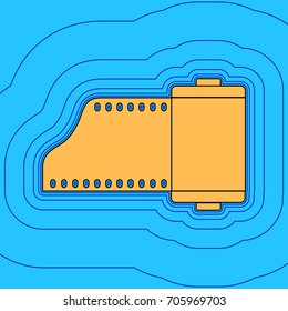 Old photo camera casset sign. Vector. Sand color icon with black contour and equidistant blue contours like field at sky blue background. Like waves on map - island in ocean or sea.